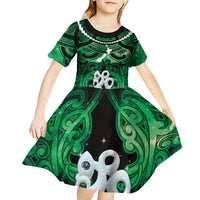 Personalised Maori Matariki Manaia Kakariki Kid Short Sleeve Dress Maori Kowhaiwhai Pattern Galaxy