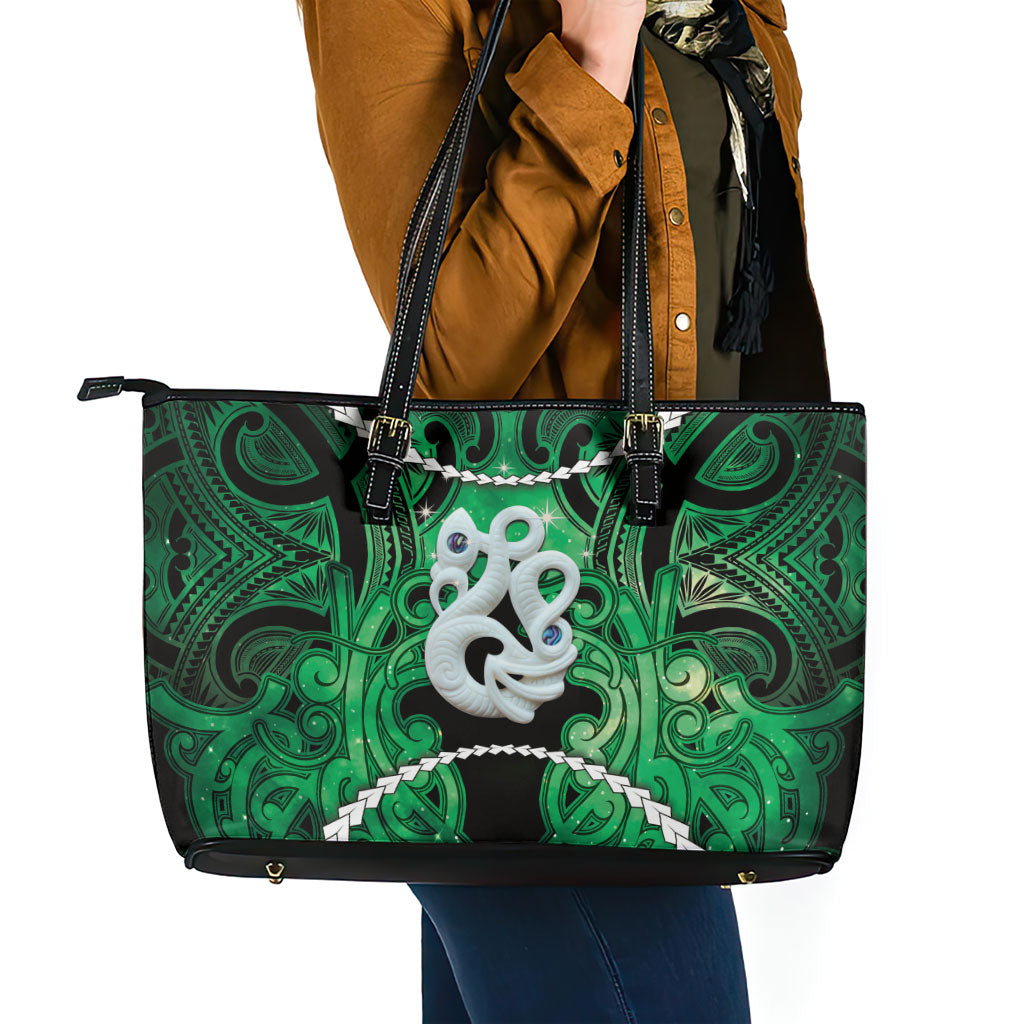 Maori Matariki Manaia Kakariki Leather Tote Bag Maori Kowhaiwhai Pattern Galaxy