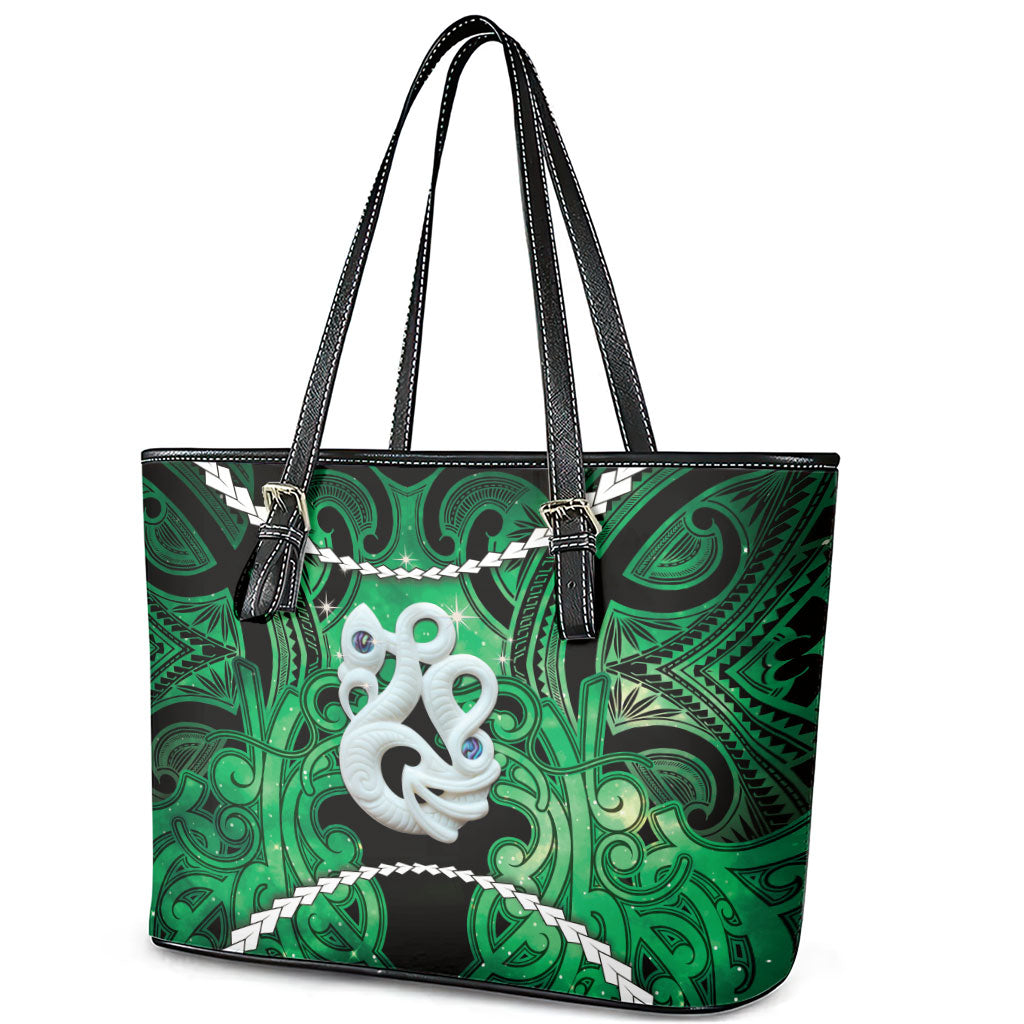 Maori Matariki Manaia Kakariki Leather Tote Bag Maori Kowhaiwhai Pattern Galaxy