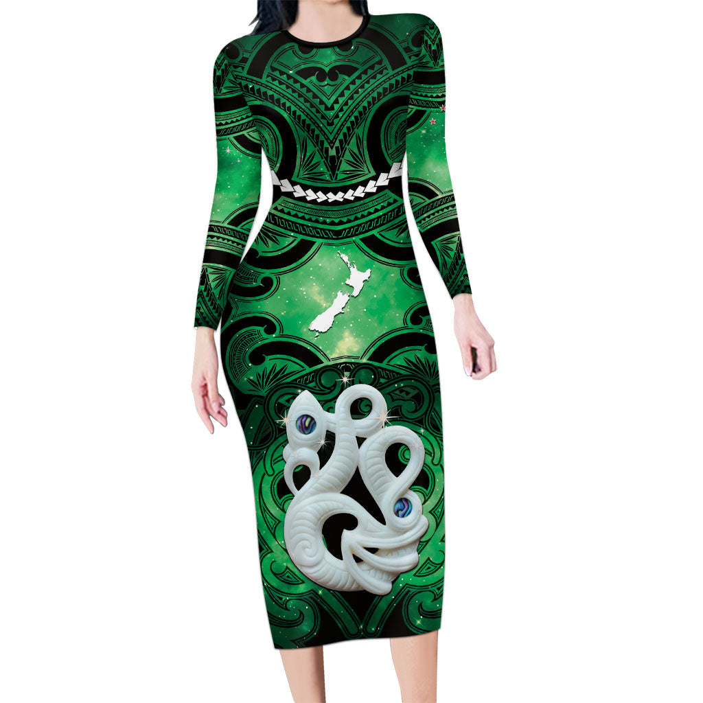 Personalised Maori Matariki Manaia Kakariki Long Sleeve Bodycon Dress Maori Kowhaiwhai Pattern Galaxy