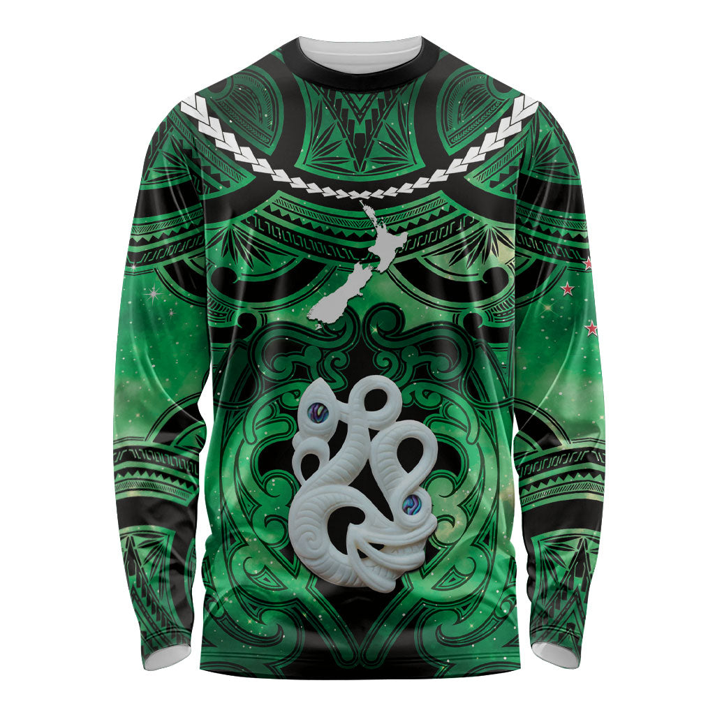 Personalised Maori Matariki Manaia Kakariki Long Sleeve Shirt Maori Kowhaiwhai Pattern Galaxy