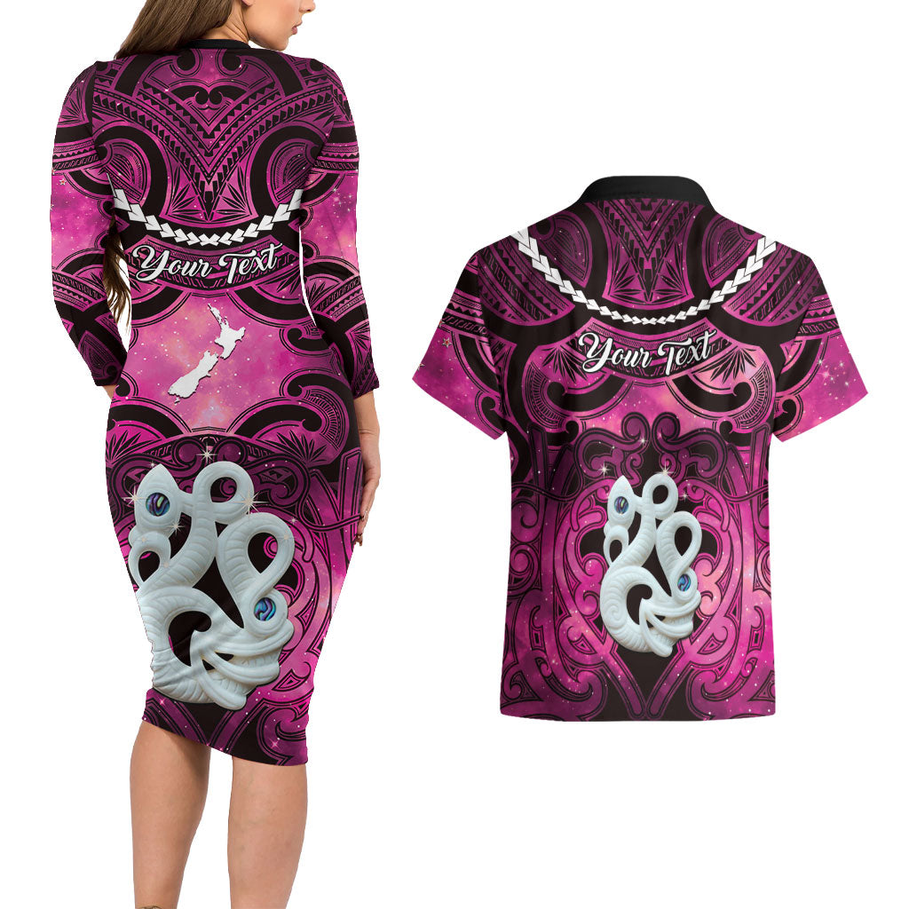 Personalised Maori Matariki Manaia Mawhero Couples Matching Long Sleeve Bodycon Dress and Hawaiian Shirt Maori Kowhaiwhai Pattern Galaxy LT01 - Polynesian Pride