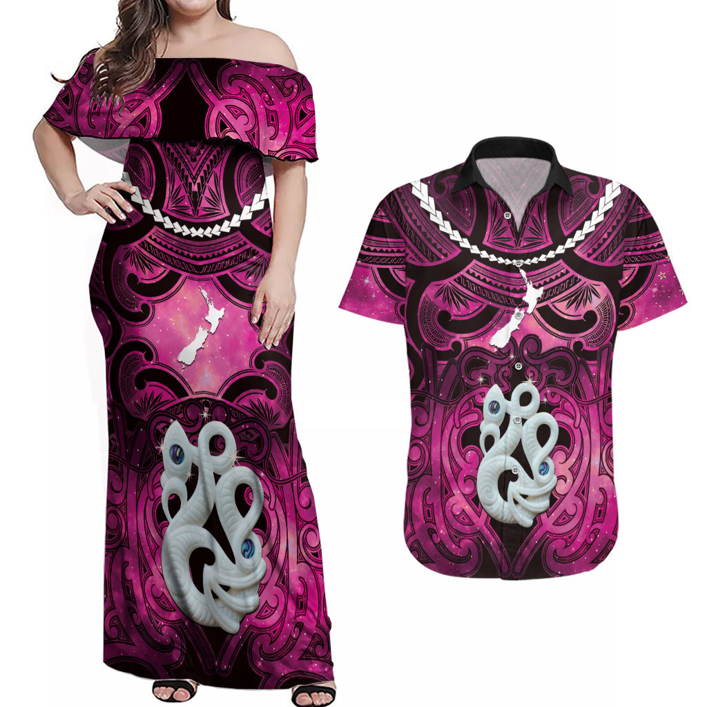 Personalised Maori Matariki Manaia Mawhero Couples Matching Off Shoulder Maxi Dress and Hawaiian Shirt Maori Kowhaiwhai Pattern Galaxy