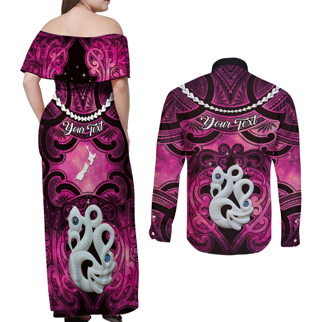 Personalised Maori Matariki Manaia Mawhero Couples Matching Off Shoulder Maxi Dress and Long Sleeve Button Shirt Maori Kowhaiwhai Pattern Galaxy