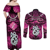 Personalised Maori Matariki Manaia Mawhero Couples Matching Off Shoulder Maxi Dress and Long Sleeve Button Shirt Maori Kowhaiwhai Pattern Galaxy