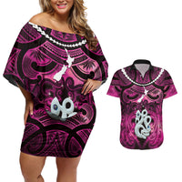 Personalised Maori Matariki Manaia Mawhero Couples Matching Off Shoulder Short Dress and Hawaiian Shirt Maori Kowhaiwhai Pattern Galaxy