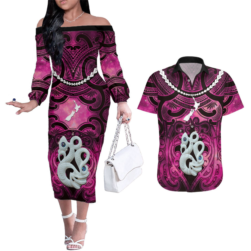Personalised Maori Matariki Manaia Mawhero Couples Matching Off The Shoulder Long Sleeve Dress and Hawaiian Shirt Maori Kowhaiwhai Pattern Galaxy