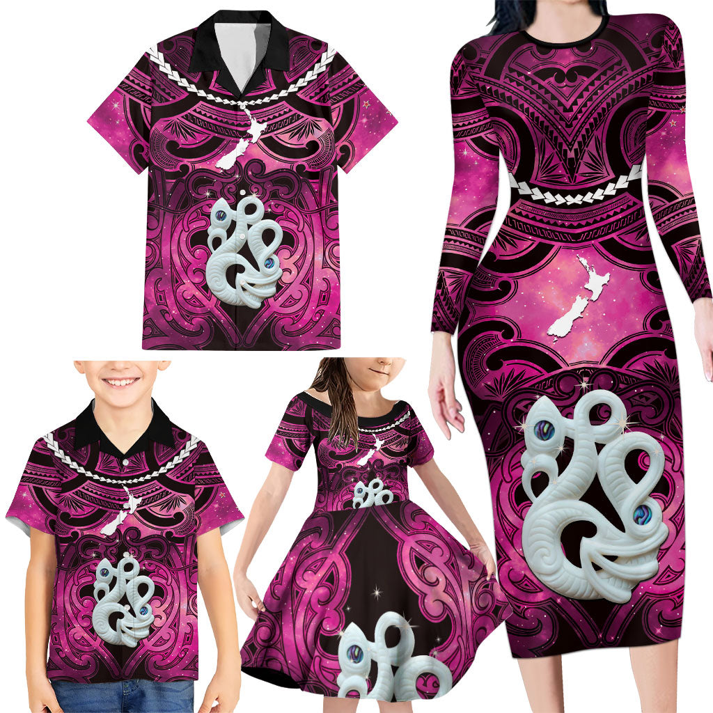 Personalised Maori Matariki Manaia Mawhero Family Matching Long Sleeve Bodycon Dress and Hawaiian Shirt Maori Kowhaiwhai Pattern Galaxy