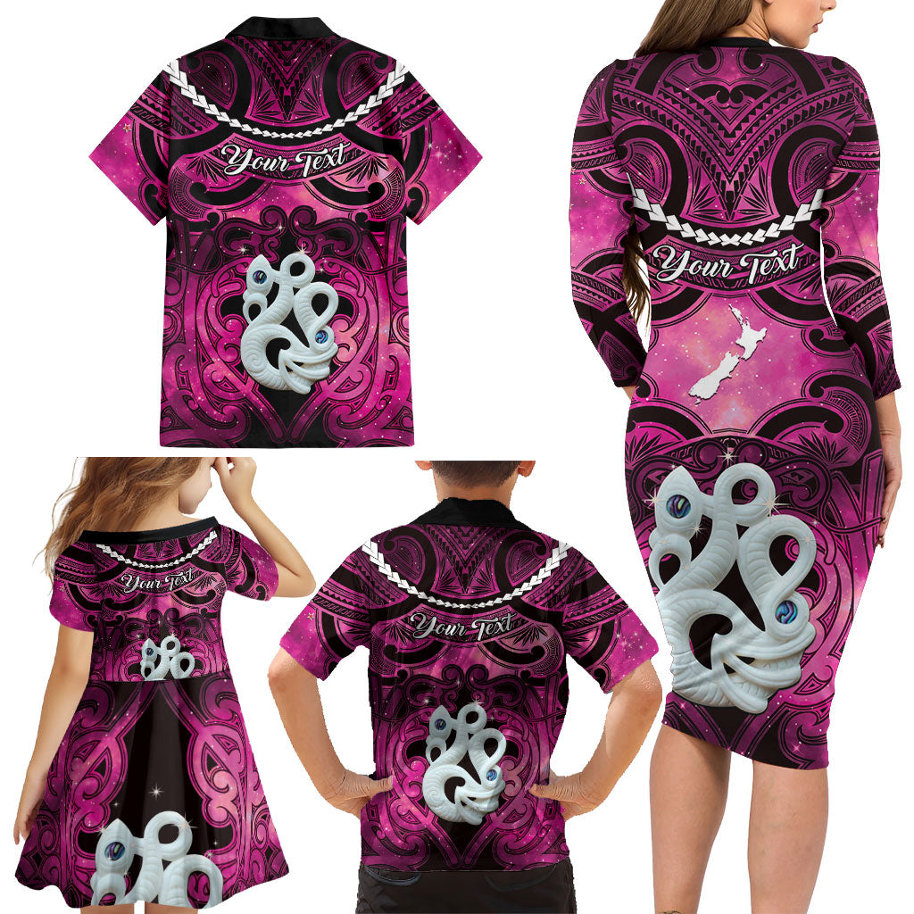 Personalised Maori Matariki Manaia Mawhero Family Matching Long Sleeve Bodycon Dress and Hawaiian Shirt Maori Kowhaiwhai Pattern Galaxy LT01 - Polynesian Pride
