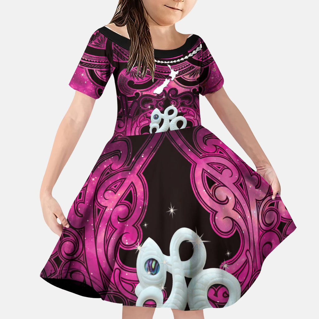 Personalised Maori Matariki Manaia Mawhero Family Matching Mermaid Dress and Hawaiian Shirt Maori Kowhaiwhai Pattern Galaxy LT01 Daughter's Dress Pink - Polynesian Pride