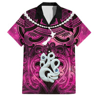 Personalised Maori Matariki Manaia Mawhero Family Matching Off The Shoulder Long Sleeve Dress and Hawaiian Shirt Maori Kowhaiwhai Pattern Galaxy LT01 Dad's Shirt - Short Sleeve Pink - Polynesian Pride