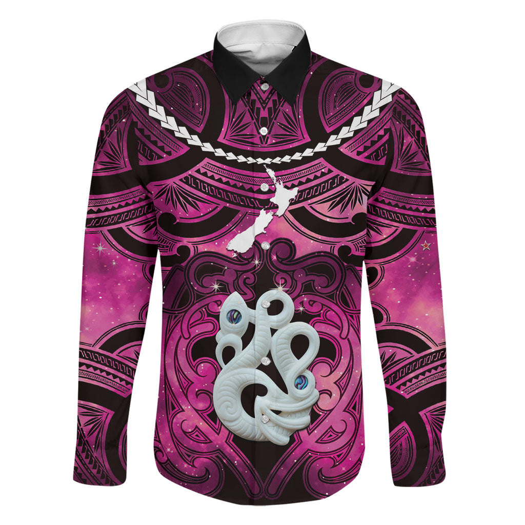 Personalised Maori Matariki Manaia Mawhero Family Matching Off Shoulder Short Dress and Hawaiian Shirt Maori Kowhaiwhai Pattern Galaxy LT01 Dad's Shirt - Long Sleeve Pink - Polynesian Pride