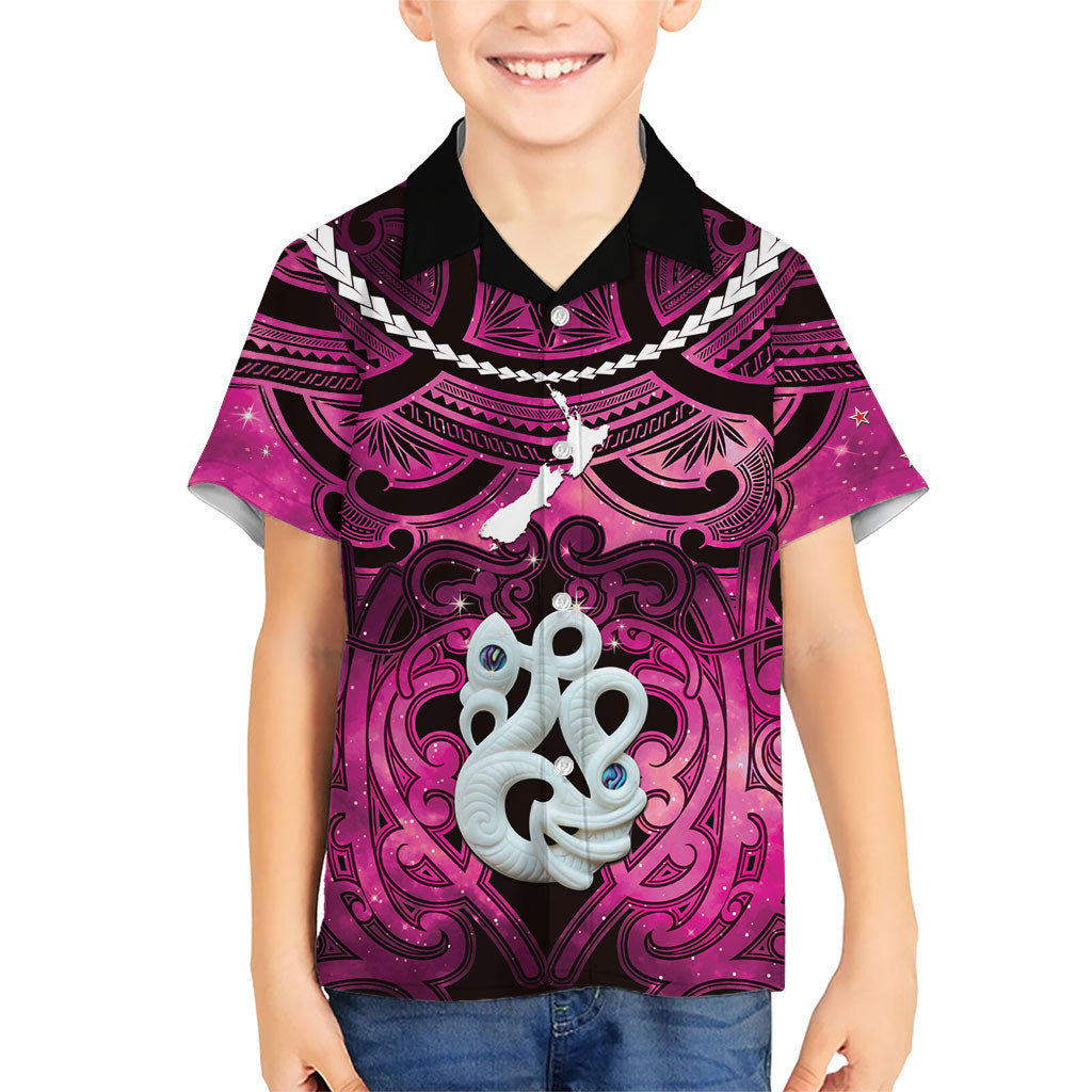 Personalised Maori Matariki Manaia Mawhero Family Matching Off Shoulder Short Dress and Hawaiian Shirt Maori Kowhaiwhai Pattern Galaxy LT01 Son's Shirt Pink - Polynesian Pride
