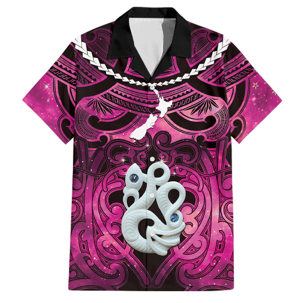 Personalised Maori Matariki Manaia Mawhero Family Matching Puletasi and Hawaiian Shirt Maori Kowhaiwhai Pattern Galaxy LT01 Dad's Shirt - Short Sleeve Pink - Polynesian Pride