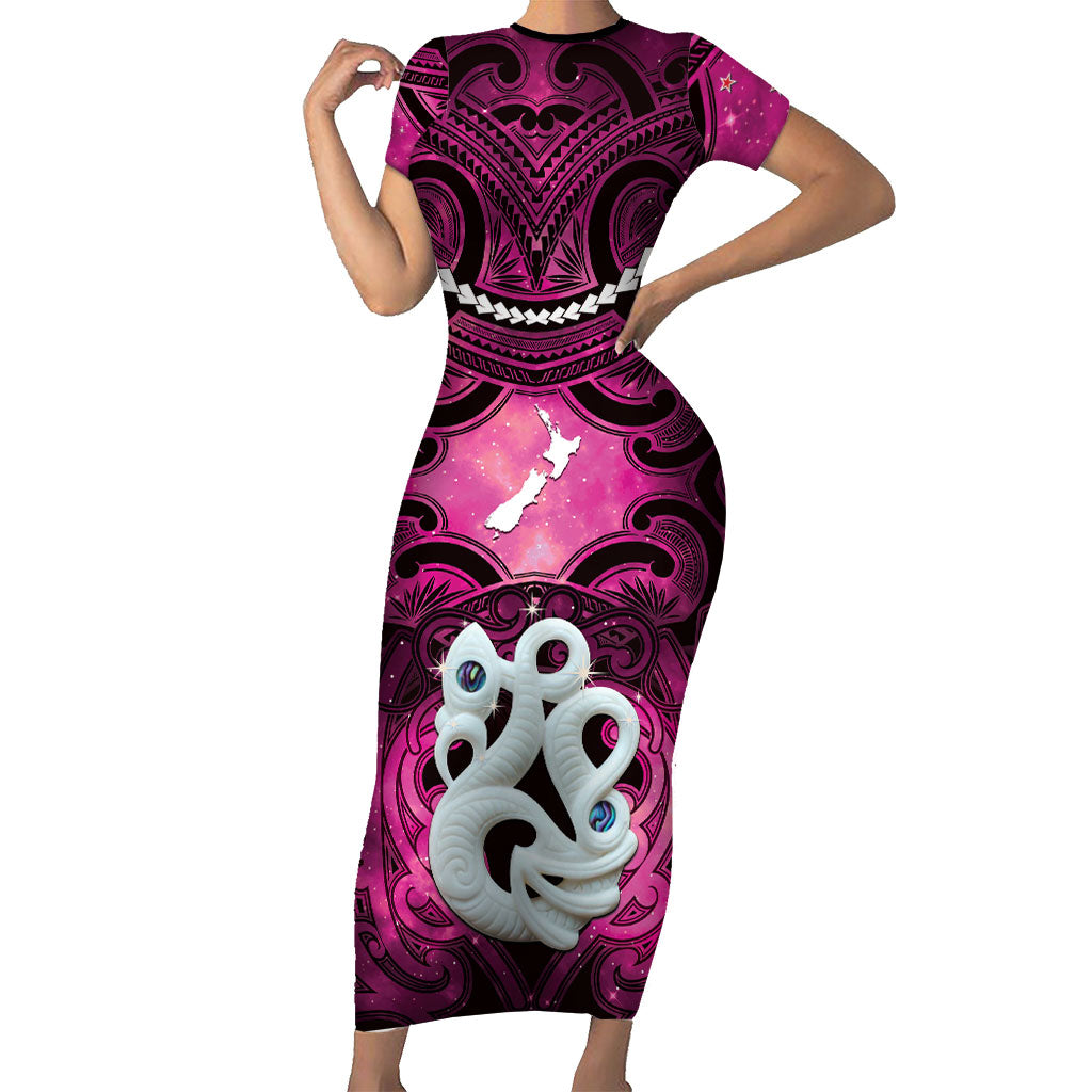 Personalised Maori Matariki Manaia Mawhero Family Matching Short Sleeve Bodycon Dress and Hawaiian Shirt Maori Kowhaiwhai Pattern Galaxy LT01 Mom's Dress Pink - Polynesian Pride
