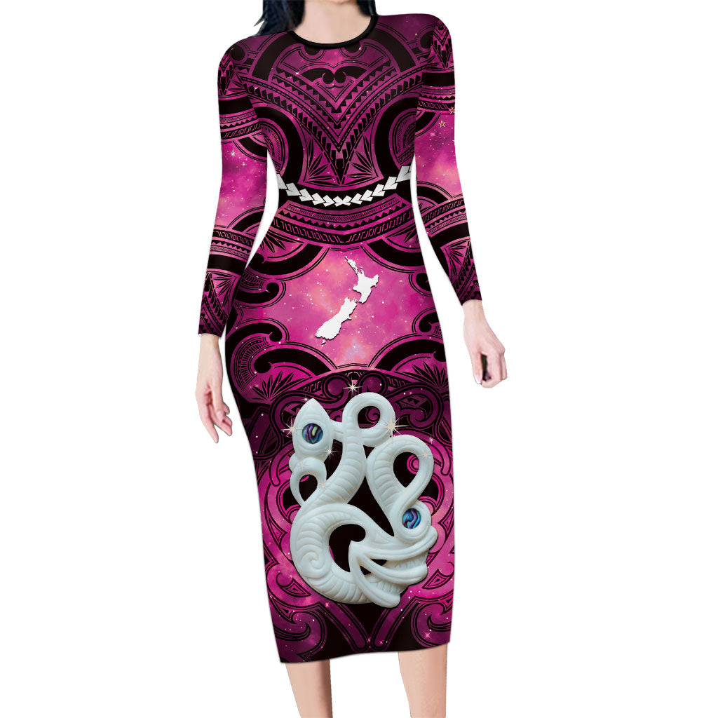Personalised Maori Matariki Manaia Mawhero Long Sleeve Bodycon Dress Maori Kowhaiwhai Pattern Galaxy