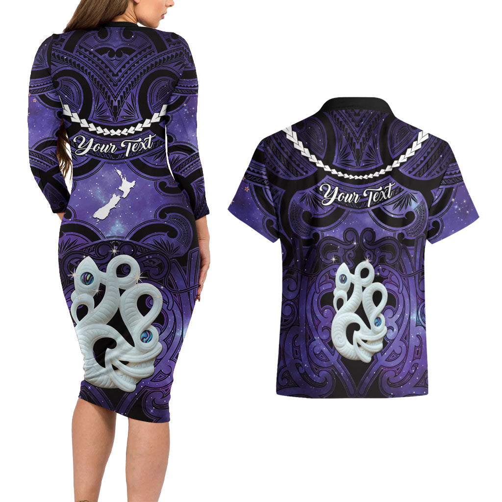 Personalised Maori Matariki Manaia Waiporoporo Couples Matching Long Sleeve Bodycon Dress and Hawaiian Shirt Maori Kowhaiwhai Pattern Galaxy LT01 - Polynesian Pride