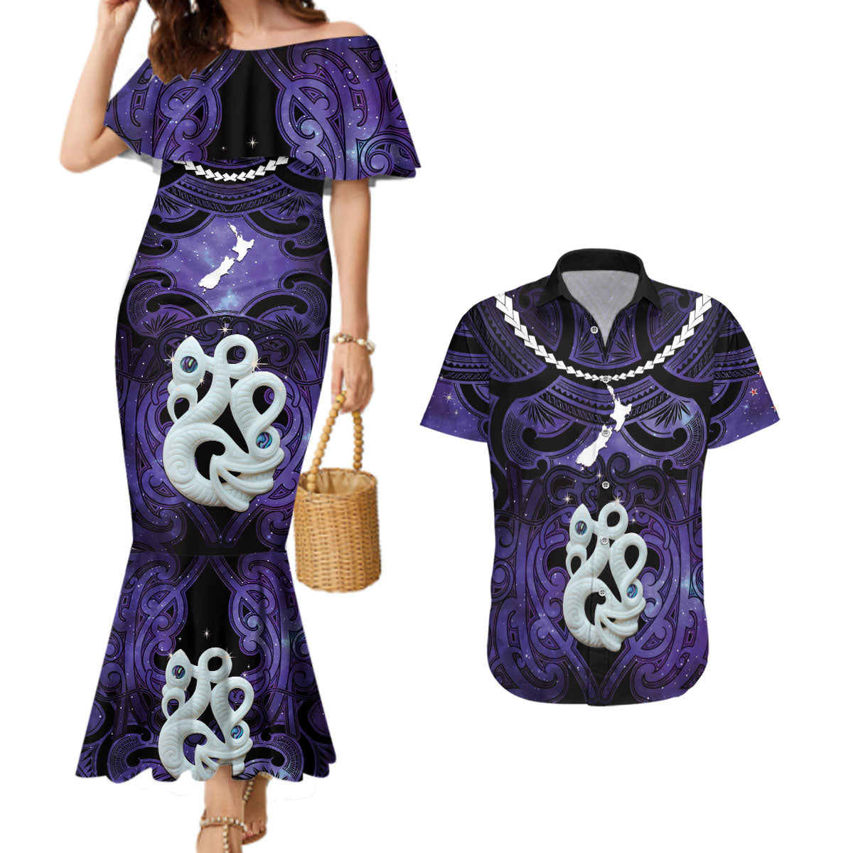 Personalised Maori Matariki Manaia Waiporoporo Couples Matching Mermaid Dress and Hawaiian Shirt Maori Kowhaiwhai Pattern Galaxy LT01 Purple - Polynesian Pride