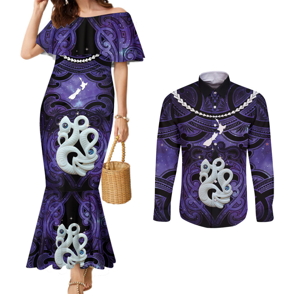 Personalised Maori Matariki Manaia Waiporoporo Couples Matching Mermaid Dress and Long Sleeve Button Shirt Maori Kowhaiwhai Pattern Galaxy
