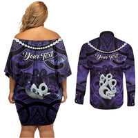 Personalised Maori Matariki Manaia Waiporoporo Couples Matching Off Shoulder Short Dress and Long Sleeve Button Shirt Maori Kowhaiwhai Pattern Galaxy