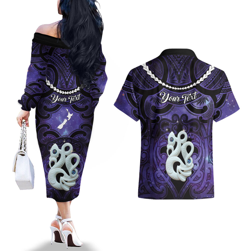 Personalised Maori Matariki Manaia Waiporoporo Couples Matching Off The Shoulder Long Sleeve Dress and Hawaiian Shirt Maori Kowhaiwhai Pattern Galaxy LT01 - Polynesian Pride