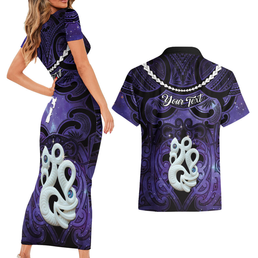 Personalised Maori Matariki Manaia Waiporoporo Couples Matching Short Sleeve Bodycon Dress and Hawaiian Shirt Maori Kowhaiwhai Pattern Galaxy LT01 - Polynesian Pride