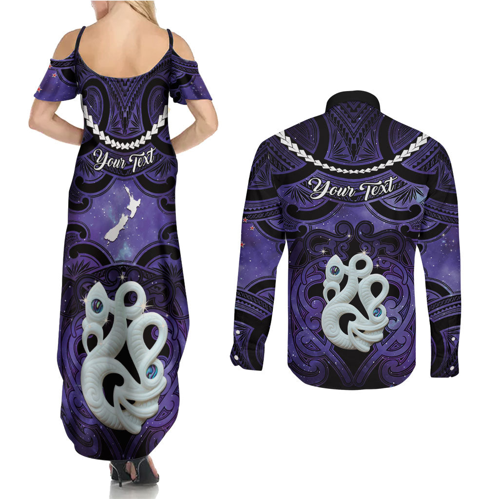 Personalised Maori Matariki Manaia Waiporoporo Couples Matching Summer Maxi Dress and Long Sleeve Button Shirt Maori Kowhaiwhai Pattern Galaxy