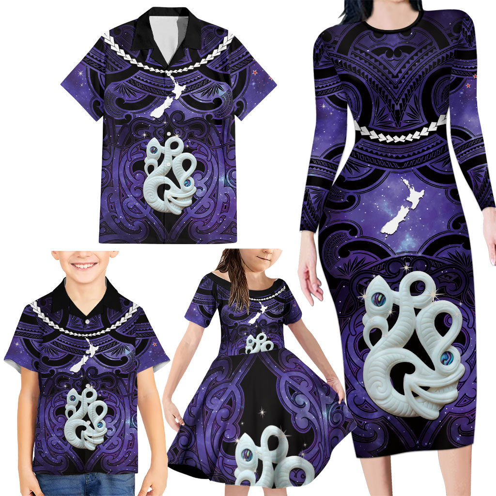 Personalised Maori Matariki Manaia Waiporoporo Family Matching Long Sleeve Bodycon Dress and Hawaiian Shirt Maori Kowhaiwhai Pattern Galaxy LT01 - Polynesian Pride