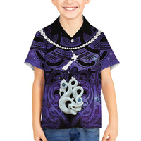 Personalised Maori Matariki Manaia Waiporoporo Family Matching Off The Shoulder Long Sleeve Dress and Hawaiian Shirt Maori Kowhaiwhai Pattern Galaxy LT01 Son's Shirt Purple - Polynesian Pride