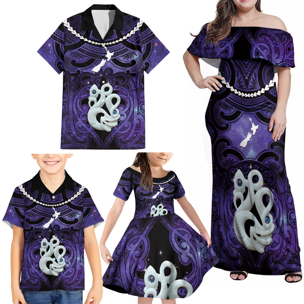 Personalised Maori Matariki Manaia Waiporoporo Family Matching Off Shoulder Maxi Dress and Hawaiian Shirt Maori Kowhaiwhai Pattern Galaxy LT01 - Polynesian Pride