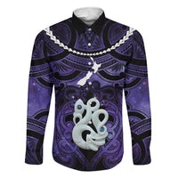 Personalised Maori Matariki Manaia Waiporoporo Family Matching Off Shoulder Short Dress and Hawaiian Shirt Maori Kowhaiwhai Pattern Galaxy LT01 Dad's Shirt - Long Sleeve Purple - Polynesian Pride