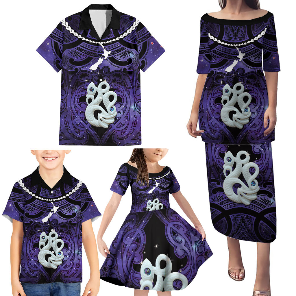 Personalised Maori Matariki Manaia Waiporoporo Family Matching Puletasi and Hawaiian Shirt Maori Kowhaiwhai Pattern Galaxy