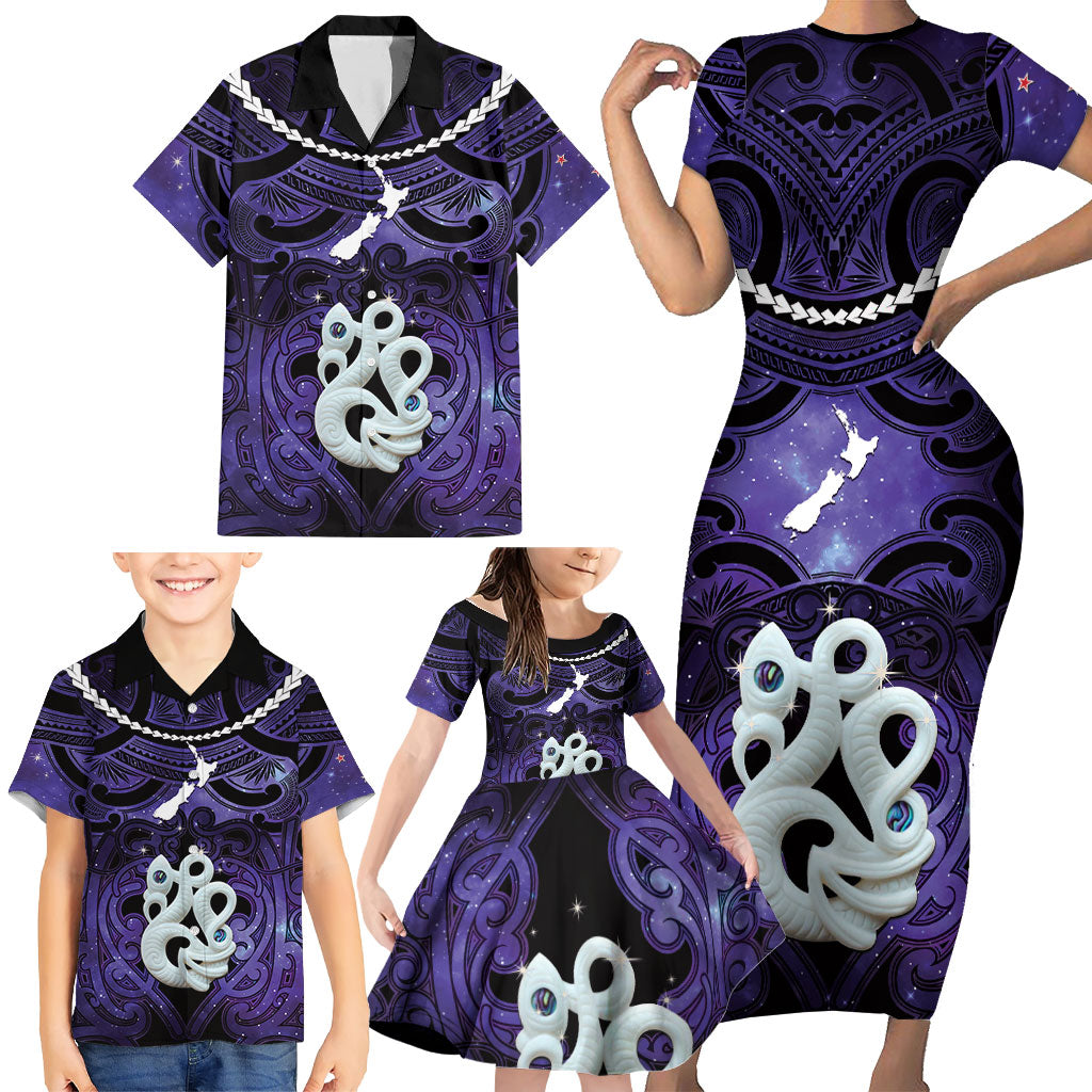 Personalised Maori Matariki Manaia Waiporoporo Family Matching Short Sleeve Bodycon Dress and Hawaiian Shirt Maori Kowhaiwhai Pattern Galaxy LT01 - Polynesian Pride