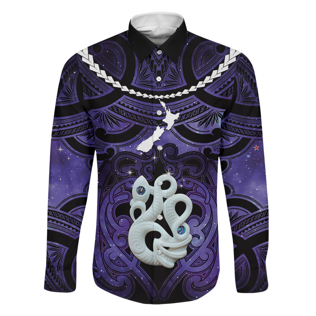 Personalised Maori Matariki Manaia Waiporoporo Family Matching Short Sleeve Bodycon Dress and Hawaiian Shirt Maori Kowhaiwhai Pattern Galaxy LT01 Dad's Shirt - Long Sleeve Purple - Polynesian Pride