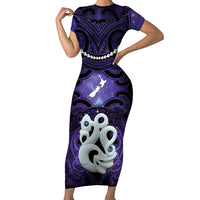 Personalised Maori Matariki Manaia Waiporoporo Family Matching Short Sleeve Bodycon Dress and Hawaiian Shirt Maori Kowhaiwhai Pattern Galaxy LT01 Mom's Dress Purple - Polynesian Pride
