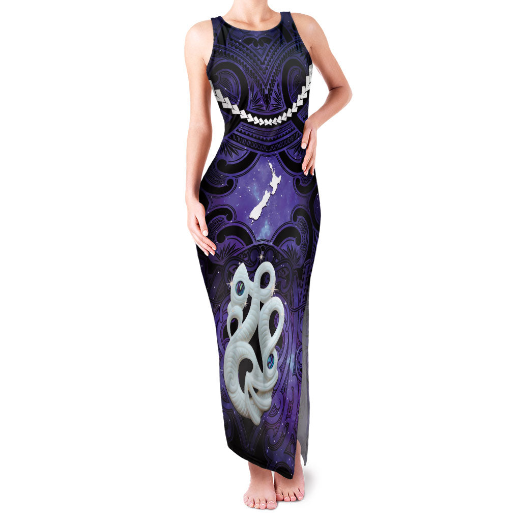 Personalised Maori Matariki Manaia Waiporoporo Family Matching Tank Maxi Dress and Hawaiian Shirt Maori Kowhaiwhai Pattern Galaxy LT01 Mom's Dress Purple - Polynesian Pride