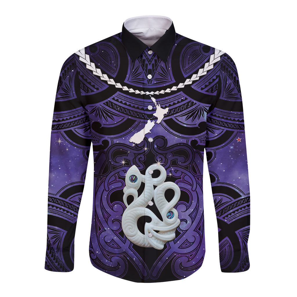 Personalised Maori Matariki Manaia Waiporoporo Long Sleeve Button Shirt Maori Kowhaiwhai Pattern Galaxy