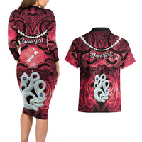 Personalised Maori Matariki Manaia Whero Couples Matching Long Sleeve Bodycon Dress and Hawaiian Shirt Maori Kowhaiwhai Pattern Galaxy LT01 - Polynesian Pride