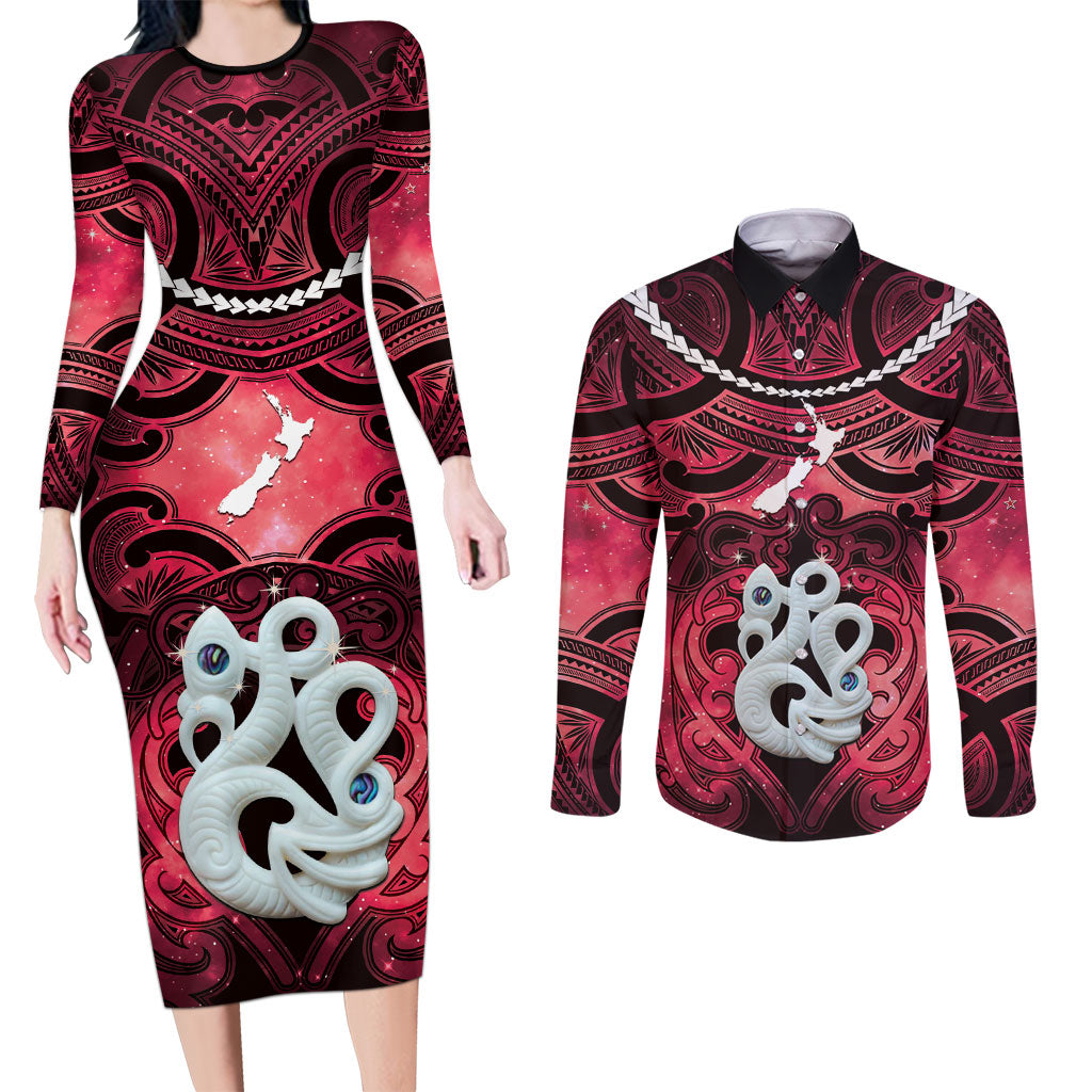 Personalised Maori Matariki Manaia Whero Couples Matching Long Sleeve Bodycon Dress and Long Sleeve Button Shirt Maori Kowhaiwhai Pattern Galaxy
