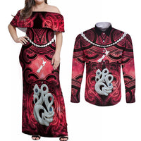 Personalised Maori Matariki Manaia Whero Couples Matching Off Shoulder Maxi Dress and Long Sleeve Button Shirt Maori Kowhaiwhai Pattern Galaxy