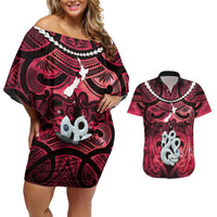 Personalised Maori Matariki Manaia Whero Couples Matching Off Shoulder Short Dress and Hawaiian Shirt Maori Kowhaiwhai Pattern Galaxy