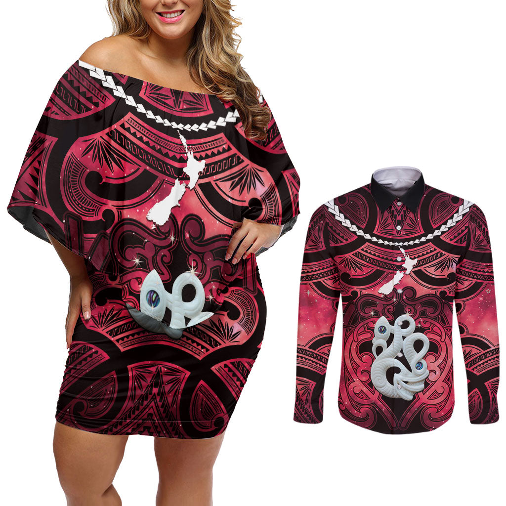 Personalised Maori Matariki Manaia Whero Couples Matching Off Shoulder Short Dress and Long Sleeve Button Shirt Maori Kowhaiwhai Pattern Galaxy