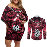 Personalised Maori Matariki Manaia Whero Couples Matching Off Shoulder Short Dress and Long Sleeve Button Shirt Maori Kowhaiwhai Pattern Galaxy