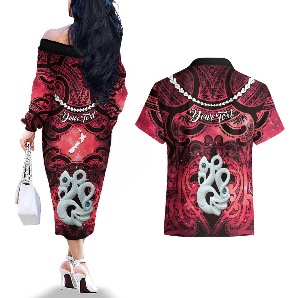 Personalised Maori Matariki Manaia Whero Couples Matching Off The Shoulder Long Sleeve Dress and Hawaiian Shirt Maori Kowhaiwhai Pattern Galaxy LT01 - Polynesian Pride