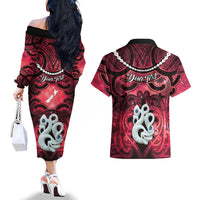 Personalised Maori Matariki Manaia Whero Couples Matching Off The Shoulder Long Sleeve Dress and Hawaiian Shirt Maori Kowhaiwhai Pattern Galaxy LT01 - Polynesian Pride