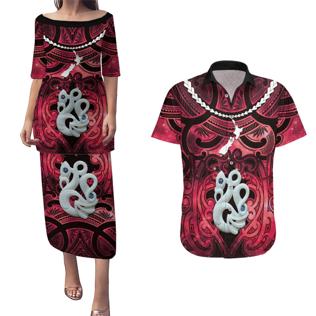 Personalised Maori Matariki Manaia Whero Couples Matching Puletasi and Hawaiian Shirt Maori Kowhaiwhai Pattern Galaxy