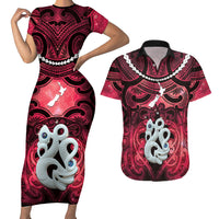 Personalised Maori Matariki Manaia Whero Couples Matching Short Sleeve Bodycon Dress and Hawaiian Shirt Maori Kowhaiwhai Pattern Galaxy LT01 Red - Polynesian Pride