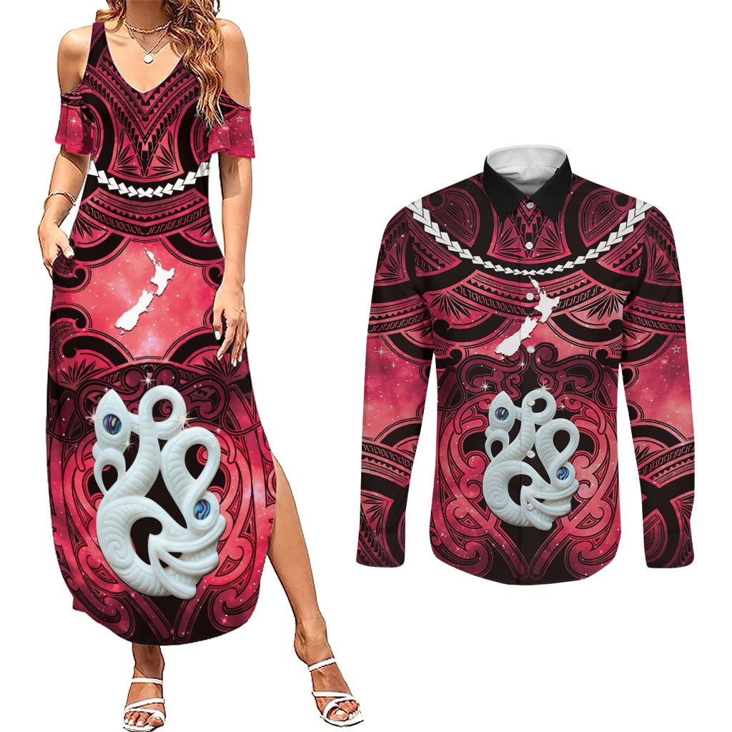 Personalised Maori Matariki Manaia Whero Couples Matching Summer Maxi Dress and Long Sleeve Button Shirt Maori Kowhaiwhai Pattern Galaxy
