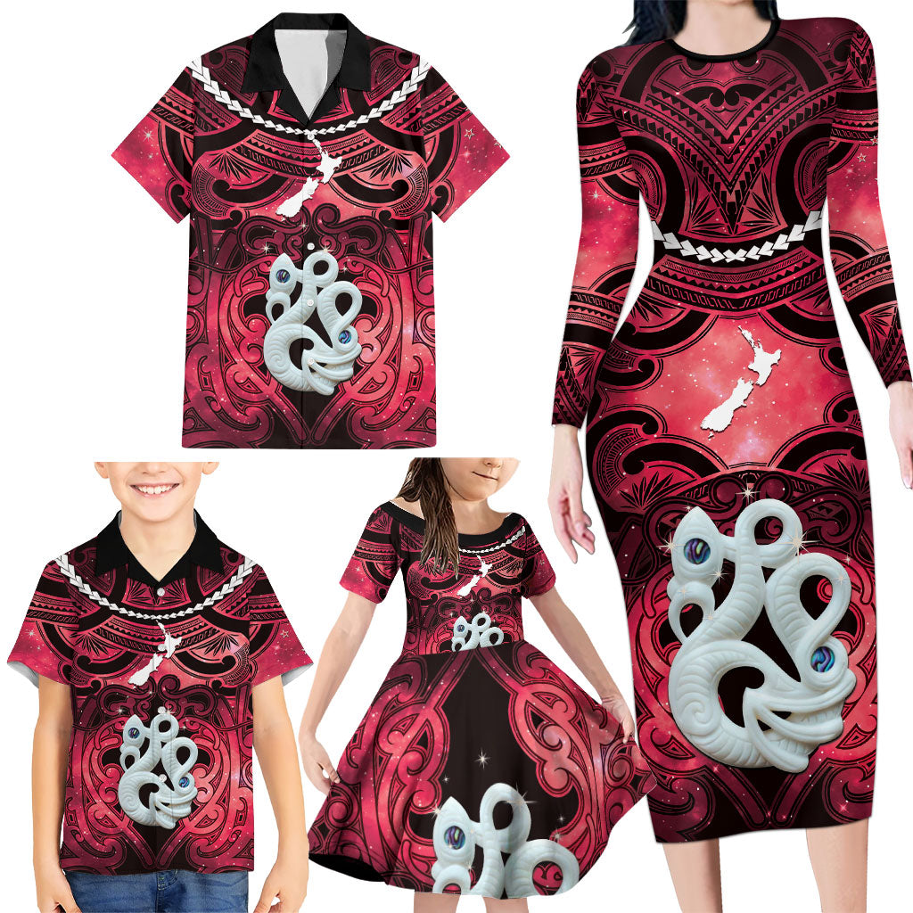 Personalised Maori Matariki Manaia Whero Family Matching Long Sleeve Bodycon Dress and Hawaiian Shirt Maori Kowhaiwhai Pattern Galaxy LT01 - Polynesian Pride