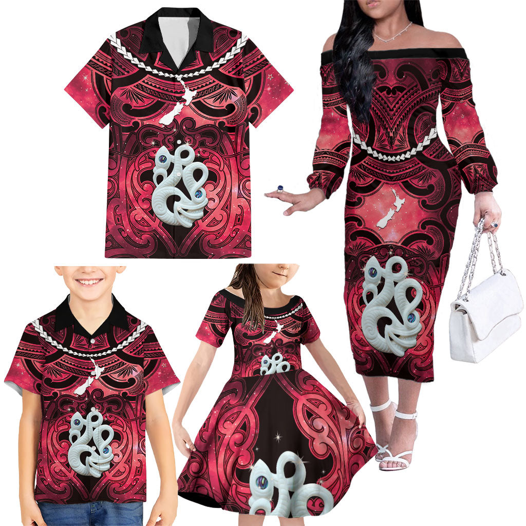 Personalised Maori Matariki Manaia Whero Family Matching Off The Shoulder Long Sleeve Dress and Hawaiian Shirt Maori Kowhaiwhai Pattern Galaxy LT01 - Polynesian Pride